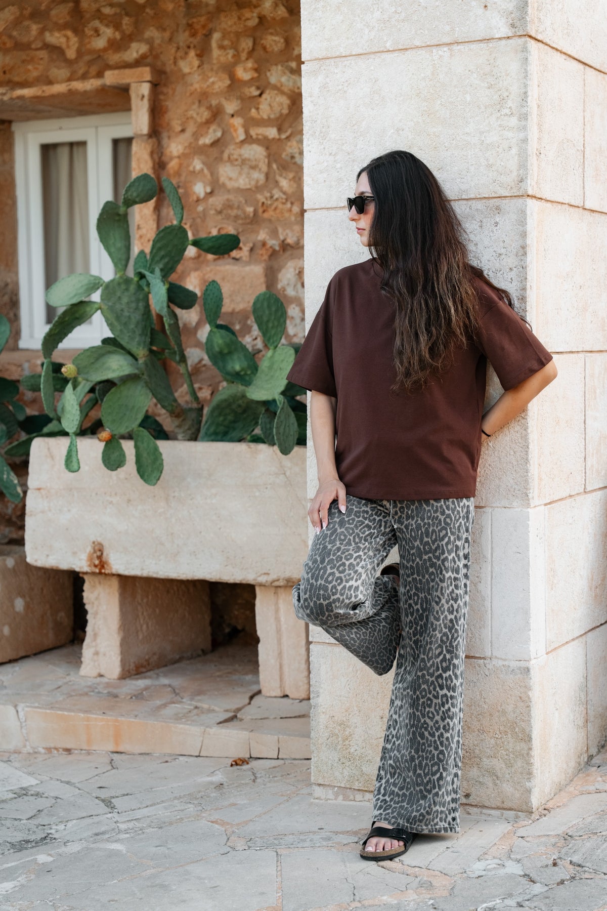 La tenue se compose d'un t-shirt ample en coton marron uni, doté d'un col rond et de manches larges arrivant aux coudes. Il est associé à un pantalon long et fluide à coupe large, arborant un imprimé léopard dans des tons gris et noir pour une silhouette globale décontractée.
